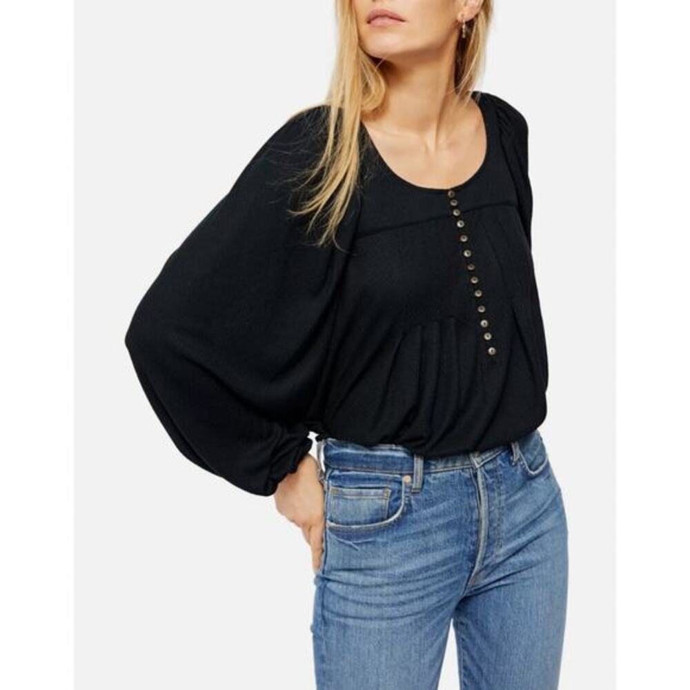 Free People black henley pleated‎ balloon sleeve blouse